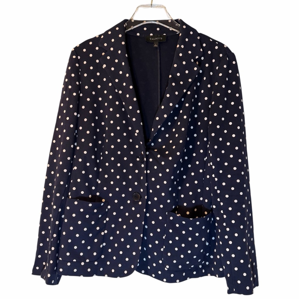 Talbots Navy Blue White Polkadot Stretch Blazer Jacket Cotton Jersey Women L